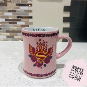 Six Flags Superman Wonder Woman Mug Pink Rose EUC